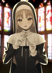 Rule 34 | 1girl, absurdres, blurry, blurry background, brown eyes, brown hair, cross, gloves, habit, highres, indoors, irise, long hair, long sleeves, nijisanji, nun, sister claire, sister claire (1st costume), solo, stained glass, standing, traditional nun, upper body, very long hair, virtual youtuber, white gloves