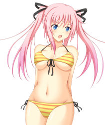Rule 34 | 1girl, arms behind back, bare shoulders, bikini, blue eyes, blush, breasts, collarbone, female focus, front-tie top, hair ribbon, halterneck, long hair, looking away, minatsuki nao, navel, open mouth, original, pink hair, ribbon, side-tie bikini bottom, simple background, solo, striped bikini, striped clothes, swimsuit, underboob, white background