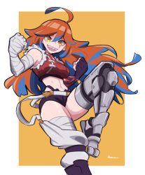 Rule 34 | 1girl, :d, ahoge, amazu (kurozu), bandaged arm, bandaged hand, bandaged leg, bandages, belt, black gloves, black shorts, blue hair, breasts, clenched hands, commentary, commission, crop top, english commentary, feet out of frame, fingerless gloves, gloves, hair between eyes, highres, long hair, looking at viewer, mechanical legs, medium breasts, multicolored hair, navel, open mouth, orange background, orange hair, original, red shirt, sharp teeth, shirt, short eyebrows, short shorts, shorts, signature, smile, solo, standing, standing on one leg, teeth, thick eyebrows, two-tone background, two-tone hair, very long hair, white background, white belt, yellow eyes