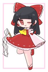 Rule 34 | 1girl, ascot, black hair, bow, brown hair, detached sleeves, frills, gohei, hair bow, hair tubes, hakurei reimu, highres, long hair, looking at viewer, one eye closed, op na yarou, red bow, red eyes, sandals, skirt, smile, solo, standing, standing on one leg, touhou, white background