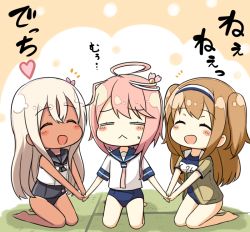 Rule 34 | 10s, 3girls, :&lt;, = =, ^ ^, ahoge, bad id, bad pixiv id, blush, blush stickers, brown hair, chibi, closed eyes, commentary, engiyoshi, closed eyes, hair ornament, hairband, holding hands, i-26 (kancolle), i-58 (kancolle), jacket, kantai collection, kneeling, long hair, multiple girls, name tag, pink hair, ro-500 (kancolle), school swimsuit, school uniform, serafuku, short hair, silver hair, sweat, swimsuit, swimsuit under clothes, tan, tatami, text focus, translated, two-tone hairband, two side up