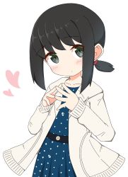 Rule 34 | 1girl, alternate costume, black hair, blue dress, blush, closed mouth, collarbone, commentary request, dress, fubuki (kancolle), green eyes, head tilt, heart, highres, hood, hood down, hooded jacket, ichi (ichi.colors), jacket, kantai collection, long sleeves, looking at viewer, low ponytail, open clothes, open jacket, polka dot, polka dot dress, ponytail, sidelocks, simple background, sleeves past wrists, solo, steepled fingers, white background, white jacket
