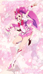 Rule 34 | 1girl, boots, bow, brooch, character name, copyright name, cure blossom, hanasaki tsubomi, heart, heart brooch, heartcatch precure!, highres, jewelry, k-on!, knee boots, long hair, magical girl, open mouth, parody, pink background, pink bow, pink eyes, pink hair, pink theme, ponytail, precure, smile, solo, style parody, takanashi ringo, zoom layer