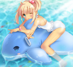 Rule 34 | 1girl, ;p, bad id, bad pixiv id, barefoot, blush, casual one-piece swimsuit, fish, hair bobbles, hair ornament, inflatable dolphin, inflatable toy, one-piece swimsuit, one eye closed, original, pan (mimi), side ponytail, solo, swimsuit, tongue, tongue out, v, water, white one-piece swimsuit, wink