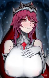 Rule 34 | 1girl, bare shoulders, blurry, blurry background, blush, breasts, crown, elbow gloves, eyes visible through hair, fang, gem, genshin impact, gloves, gradient hair, grin, highres, large breasts, long hair, looking at viewer, multicolored hair, nun, parted lips, pink eyes, purple hair, purple lips, red hair, rosaria (genshin impact), see-through, sep99, signature, skindentation, smile, solo, upper body, white gloves