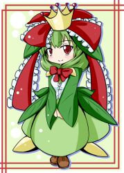 Rule 34 | 1girl, bow, cosplay, creatures (company), crown, dress, frilled ribbon, frilled sleeves, frills, front ponytail, full body, game freak, gen 5 pokemon, green dress, green hair, hair bow, hair ribbon, kagiyama hina, leaf, leaf on head, lilligant, long ribbon, long sleeves, looking at viewer, nintendo, pokemon, red eyes, red ribbon, ribbon, smile, solo, touhou, tu-kon, wide sleeves