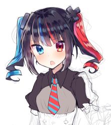 Rule 34 | 1girl, :o, bad id, bad twitter id, black hair, blue eyes, blue hair, blunt bangs, blush, collared shirt, commentary request, copyright request, drill hair, hair ornament, heterochromia, ikeuchi tanuma, looking at viewer, multicolored hair, necktie, open mouth, red eyes, red hair, shirt, sketch, solo, streaked hair, striped necktie, striped neckwear, twin drills, twintails, unfinished, upper body, wing collar