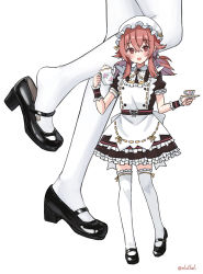 Rule 34 | 1girl, alternate costume, black footwear, blush, cup, dress, eluthel, enmaided, feet, foot focus, full body, hat, heel pop, high heels, highres, holding, holding saucer, idolmaster, idolmaster shiny colors, komiya kaho, looking at viewer, maid, mary janes, mob cap, multiple views, over-kneehighs, petticoat, pinafore dress, puffy short sleeves, puffy sleeves, red eyes, red hair, saucer, shoe dangle, shoes, short sleeves, sleeveless, sleeveless dress, smile, standing, standing on one leg, teacup, teapot, thighhighs, twintails, white thighhighs, wrist cuffs
