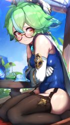 Rule 34 | alternate costume, animal ears, armpits, black legwear, blue one-piece swimsuit, blurry, blush, bottle, breast hold, breasts, cape, cat ears, clenched hand, crossed arms, depth of field, detached sleeves, embarrassed, from side, garter straps, genshin impact, gloves, green hair, hat, highres, kashu (hizake), looking to the side, multicolored hair, one-piece swimsuit, orange eyes, potion, school swimsuit, semi-rimless eyewear, sitting, solo, streaked hair, sucrose (genshin impact), swimsuit, table, two-tone hair, vision (genshin impact), wariza, wavy mouth, wet, wet clothes, wet swimsuit, white gloves