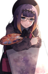 Rule 34 | 1girl, beret, blue eyes, blush, canvas (object), fang, glasses, hat, headpiece, holding, holding paintbrush, holding palette, hololive, hololive english, itagaku, mole, mole under eye, ninomae ina&#039;nis, ninomae ina&#039;nis (casual), paintbrush, palette (object), pointy ears, purple hair, simple background, solo, tentacle hair, virtual youtuber, white background