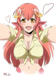 Rule 34 | 10s, 1girl, :d, bad id, bad pixiv id, blush, breasts, cleavage, collarbone, covered erect nipples, eyebrows, fang, hair ornament, hairclip, heart, highres, incoming hug, kagiyama (clave), lamia, large breasts, long hair, looking at viewer, miia (monster musume), monster girl, monster musume no iru nichijou, navel, open mouth, pointy ears, red hair, scales, shirt, signature, simple background, sketch, smile, solo, tied shirt, upper body, white background, yellow eyes