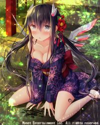 Rule 34 | 1girl, black hair, black kimono, breasts, cleavage, collar, crying, crying with eyes open, falkyrie no monshou, flower, green eyes, hair flower, hair ornament, japanese clothes, kimono, large breasts, long hair, natsumekinoko, no bra, official art, seiza, sitting, solo, tearing up, tears, twintails, wariza, yukata