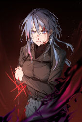 Rule 34 | 1girl, amputee, black shirt, blood, blood drip, blood on face, chief (path to nowhere), earrings, female focus, highres, iceky, injury, jewelry, long hair, long sleeves, messy hair, pants, path to nowhere, purple eyes, serious, shirt, solo, undershirt