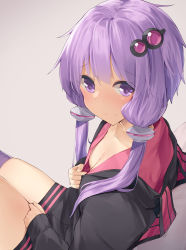 Rule 34 | 1girl, animal hood, breasts, cleavage, closed mouth, clothes pull, collarbone, downblouse, from above, from side, grey background, hair between eyes, hair ornament, hair tubes, highres, hood, hood down, hoodie, kanzen bouon, long sleeves, looking at viewer, looking to the side, purple eyes, purple hair, purple thighhighs, rabbit hood, short hair with long locks, sidelocks, simple background, sitting, skindentation, small breasts, smile, solo, thighhighs, thighs, voiceroid, yuzuki yukari, zettai ryouiki