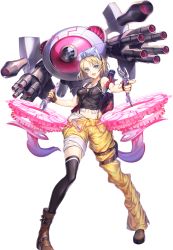 Rule 34 | 1girl, bare shoulders, black shirt, blonde hair, blue eyes, boots, breasts, clothes around waist, feet, full body, goggles, goggles on head, happy, highres, holding, holding weapon, jewelry, legs, legs apart, looking at viewer, medium breasts, midriff, necklace, open mouth, shirt, short hair, sleeveless, smile, solo, standing, thighhighs, thighs, transparent background, unitia, weapon