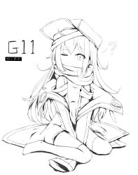 Rule 34 | 1girl, ?, absurdres, bare shoulders, between legs, c309657344, character name, closed mouth, commentary request, flat cap, full body, g11 (girls&#039; frontline), girls&#039; frontline, greyscale, hand between legs, hat, highres, jacket, long sleeves, looking at viewer, monochrome, no shoes, off shoulder, one eye closed, open clothes, open jacket, puffy long sleeves, puffy sleeves, simple background, sitting, sleeves past fingers, sleeves past wrists, solo, wariza, white background