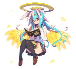 Rule 34 | 1girl, angel wings, ars nova (p&amp;d), black sailor collar, black skirt, black thighhighs, blue hair, brown footwear, closed mouth, enkyo yuuichirou, feathers, floating, full body, glasses, glowing, glowing wings, halo, head wings, jewelry, key, key necklace, knees together feet apart, loafers, long hair, long sleeves, multiple wings, necklace, orange eyes, pleated skirt, puzzle &amp; dragons, reading, red-framed eyewear, sailor collar, school uniform, semi-rimless eyewear, serafuku, shirt, shoes, skirt, sleeves past wrists, solo, thighhighs, transparent background, under-rim eyewear, white shirt, white wings, wings