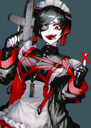 Rule 34 | 1girl, absurdres, apron, black clover, black dress, black hair, buckle, buttons, censored, chest harness, chromatic aberration, corset, crazy eyes, cross-laced clothes, dress, english text, eyepatch, fingerless gloves, frills, frit 2, gloves, grin, gun, harness, highres, holding, holding gun, holding weapon, insignia, jacket, jacket partially removed, long bangs, looking at viewer, maid apron, maid headdress, middle finger, open mouth, parted bangs, pointless censoring, red eyes, short hair, sidelocks, simple background, smile, solo, spade (shape), striped clothes, striped headwear, tongue, tongue out, vanica zogratis, weapon, wing collar
