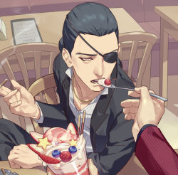 Rule 34 | 2boys, bags under eyes, black hair, black jacket, blueberry, brown eyes, chain, chair, cherry, cigarette, collarbone, collared shirt, commentary, cup, dress shirt, eating, eyepatch, feeding, food, forehead, formal, fruit, gold chain, hair pulled back, holding, holding cigarette, holding spoon, ice cream, jacket, jewelry, long sleeves, looking at viewer, majima goro, male focus, medium hair, menu, multiple boys, nishitani homare, one eye covered, open clothes, open jacket, open mouth, open shirt, parfait, pinstripe pattern, pinstripe shirt, pocky, ponytail, pov, pov hands, red suit, ryuu ga gotoku (series), shirt, sitting, spoon, striped, suit, talgi, teeth, white shirt, wooden chair