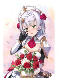 Rule 34 | 1girl, :d, armor, ascot, black skirt, blush, bouquet, braid, breastplate, breasts, chain, cleavage, commentary request, flower, gauntlets, genshin impact, green eyes, hair flower, hair ornament, hand up, happy birthday, head tilt, highres, holding, holding bouquet, liclac, looking at viewer, maid, medium breasts, noelle (genshin impact), nose blush, open mouth, red ascot, red flower, red rose, rose, silver hair, skirt, smile, solo, tears, watermark, web address, white headwear, wiping tears