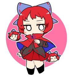 Rule 34 | 1girl, black footwear, black shirt, blue bow, boots, bow, cape, disembodied head, full body, hair bow, ini (inunabe00), pleated skirt, red cape, red eyes, red hair, red skirt, sekibanki, shirt, short hair, skirt, solo, touhou