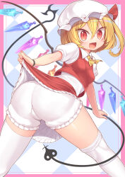 Rule 34 | 1girl, :d, absurdres, ascot, ass, blonde hair, bloomers, blue background, blush, border, bracelet, breasts, cameltoe, checkered background, clothes lift, collared shirt, crystal, fang, feet out of frame, flandre scarlet, frilled skirt, frills, harunoha, hat, highres, jewelry, laevatein (touhou), lifting own clothes, looking at viewer, mob cap, one side up, open mouth, pink border, puffy short sleeves, puffy sleeves, red eyes, red skirt, red vest, shirt, short hair, short sleeves, skirt, skirt lift, slit pupils, small breasts, smile, thighhighs, touhou, underwear, variant set, vest, white headwear, white shirt, white thighhighs, wings, yellow ascot