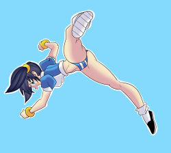 Rule 34 | 1girl, 20s, acrobatics, ass, blue background, bracelet, breasts, curvy, erik96, erika-chan, flexible, full body, highres, huge ass, incoming attack, jewelry, jumping, long hair, looking at viewer, medium breasts, micro panties, midriff, navel, panties, puffy sleeves, revealing clothes, shirt, shoes, short sleeves, striped clothes, striped panties, teeth, thong, twintails, underwear