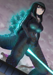 Rule 34 | 1boy, 1girl, atomic breath, black hair, blue eyes, bodysuit, breasts, cloud, cloudy sky, dutch angle, energy, energy beam, feet out of frame, female focus, genderswap, giant, giant monster, giantess, glowing, glowing mouth, glowing spikes, godzilla, godzilla (series), godzilla (shin), highres, kaijuu, large breasts, long hair, looking to the side, monster girl, navel, nokironokii, parted lips, peeing, personification, scales, shin godzilla, sidelocks, sky, spikes, spread legs, standing, tail, toho