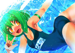 Rule 34 | 1girl, :d, \m/, armband, ass, bare shoulders, blue one-piece swimsuit, breasts, cleavage, covered navel, fang, green hair, hair between eyes, hakkasame, macross, macross frontier, name tag, one-piece swimsuit, one eye closed, open mouth, orange eyes, ranka lee, school swimsuit, short hair, small breasts, smile, solo, star (symbol), swimsuit, translated