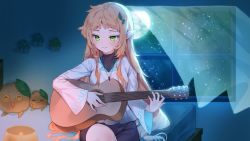 Rule 34 | 1girl, black shirt, black skirt, brown hair, cheli (kso1564), commentary request, copyright request, covered collarbone, curtains, full moon, glowing, guitar, hair ornament, highres, holding, holding instrument, indoors, instrument, leaf hair ornament, long hair, long sleeves, moon, night, night sky, official art, pointy ears, shirt, sitting, skirt, sky, solo, star (sky), starry sky, transparent, very long hair, white shirt, wide sleeves, window