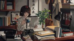 Rule 34 | 1girl, bad id, bad pixiv id, bag, binder, black hair, black necktie, book, camera, coat, commentary request, cup, desk, desk lamp, envelope, folder, highres, holding, holding cup, holding paper, indoors, jar, lamp, long sleeves, mikado (winters), necktie, paper, parted lips, pen, pencil, phone, photo (object), plant, pointy ears, printer, red eyes, shameimaru aya, shirt, short hair, smile, solo, touhou, translation request, white shirt