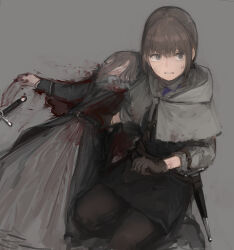 2girls belt black_pantyhose black_tunic blood blood_on_clothes brown_background brown_gloves brown_hair commentary_request dagger death defeat dress dying gloves grey_eyes grey_hood hand_on_another&#039;s_chest highres kneeling knife lying multiple_girls pantyhose pool_of_blood rampart1028 scared sheath sheathed simple_background smeared_blood sweatdrop sword sword_world tunic weapon