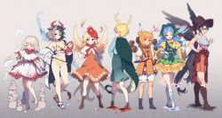 Rule 34 | 6+girls, :d, ;d, ^ ^, animal, animal ears, animal on head, armor, armored dress, bare legs, bare shoulders, barefoot, bikini, bird, black footwear, black hair, black wings, blonde hair, bloomers, blue hair, blue shirt, blush, boots, breasts, brown footwear, chick, closed eyes, commentary request, cow ears, cow horns, crossed legs, double bun, dragon horns, dragon tail, dress, ebisu eika, feathered wings, feathers, female focus, from behind, from side, full body, gradient background, green skirt, grey background, grey hair, hair bun, hair ribbon, hajin, hand on own hip, hand up, haniwa (statue), haniyasushin keiki, haori, hat, head scarf, high heel boots, high heels, highres, holding, horns, japanese clothes, jellyfish, joutouguu mayumi, kicchou yachie, kurokoma saki, lineup, long hair, long sleeves, looking at viewer, looking back, medium breasts, multicolored hair, multiple girls, navel, niwatari kutaka, off shoulder, on head, one eye closed, open mouth, orange dress, orange skirt, plaid, ponytail, profile, red eyes, red hair, ribbon, rock, sandals, shirt, short dress, short hair, short sleeves, skirt, smile, split-color hair, standing, stomach, swimsuit, tail, thighs, touhou, two-tone hair, underwear, ushizaki urumi, very long hair, watson cross, white bloomers, white dress, white ribbon, white shirt, wide sleeves, wily beast and weakest creature, wings, yellow bikini, yellow dress