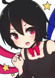 Rule 34 | 1girl, :d, ahoge, bare shoulders, black hair, black shirt, blush, bow, bowtie, breasts, collarbone, commentary request, dutch angle, fang, hair between eyes, highres, houjuu nue, looking at viewer, off-shoulder shirt, off shoulder, open mouth, red bow, red bowtie, red eyes, saisoku no yukkuri, shirt, short hair, simple background, small breasts, smile, solo, star (symbol), touhou, upper body, v-shaped eyebrows, white background