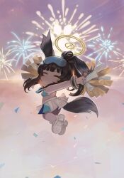 Rule 34 | 1girl, absurdres, animal ears, black hair, blue archive, blush, breasts, cheerleader, chibi, closed eyes, confetti, crop top, dog ears, dog girl, dog tail, dokomon, eyewear on head, fireworks, full body, goggles, goggles on head, halo, hibiki (blue archive), hibiki (cheer squad) (blue archive), highres, holding, holding pom poms, jumping, long hair, looking at viewer, medium breasts, midair, millennium cheerleader outfit (blue archive), official alternate costume, pom pom (cheerleading), pom poms, shoes, skirt, smile, solo, star sticker, sticker on face, tail, yellow halo