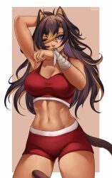 Rule 34 | 1girl, absurdres, arm up, bare arms, bare shoulders, black hair, blonde hair, blue eyes, breasts, cat tail, cleavage, commentary request, cowboy shot, crop top, dehya (genshin impact), eravuru, genshin impact, hair between eyes, highres, kemonomimi mode, large breasts, long hair, looking at viewer, midriff, multicolored hair, navel, one eye closed, pointy hair, red shorts, short shorts, shorts, solo, sports bra, standing, stomach, streaked hair, tail, thighs, very long hair, wrist wrap