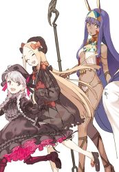 Rule 34 | 3girls, :d, ^ ^, abigail williams (fate), black gloves, blonde hair, braid, breasts, closed eyes, dark-skinned female, dark skin, doll joints, dress, egyptian clothes, facial mark, fate/grand order, fate (series), forehead mark, gloves, hat, joints, lolita fashion, long hair, medjed (fate), multiple girls, navel, nitocris (fate), nursery rhyme (fate), open mouth, pako (pakosun), purple eyes, purple hair, silver hair, simple background, smile, teeth, twin braids, white background