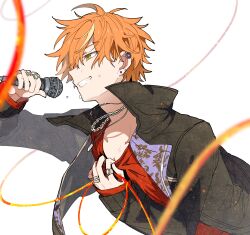 Rule 34 | 1boy, absurdres, black jacket, chain, chain necklace, ear piercing, highres, holding, holding microphone, hoshi-toge, jacket, jewelry, long sleeves, microphone, multicolored hair, multiple rings, necklace, orange hair, piercing, project sekai, red shirt, ring, shinonome akito, shirt, short hair, simple background, solo, streaked hair, sweat, the power of unity (project sekai), upper body, white background, yellow eyes