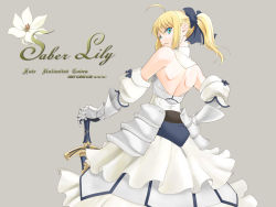 Rule 34 | 00s, 1girl, armor, armored dress, artoria pendragon (fate), back, capcom, dress, fate/stay night, fate/unlimited codes, fate (series), flower, lily (flower), looking back, saber (fate), saber lily, shirotsumekusa, solo, sword, weapon