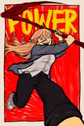 Rule 34 | 1girl, artist name, blonde hair, blue jacket, chainsaw man, character name, collared shirt, cross-shaped pupils, emphasis lines, hair between eyes, halftone, highres, holding, holding scythe, holding weapon, horns, jacket, kiwirabbit, long hair, looking at viewer, motion blur, open mouth, pants, pants rolled up, power (chainsaw man), red horns, scythe, sharp teeth, shirt, shirt partially tucked in, smile, solo, symbol-shaped pupils, teeth, weapon, white footwear, white shirt, yellow eyes