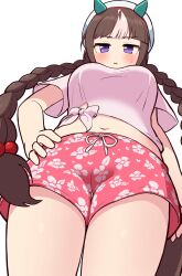 Rule 34 | 1girl, animal ears, bow, braid, brown hair, commentary request, cowboy shot, ear bow, ear covers, floral print, from below, hand on own hip, hat, highres, hokko tarumae (umamusume), horse ears, horse girl, horse tail, long hair, midriff, multicolored hair, navel, open mouth, pink shorts, purple eyes, shirt, short sleeves, shorts, simoyuki, simple background, solo, streaked hair, striped bow, tail, tied shirt, twin braids, umamusume, very long hair, white background, white hair, white hat, white shirt