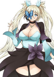 Rule 34 | 1girl, black thighhighs, blonde hair, blue eyes, blush, breasts, bug, butterfly, butterfly eyepatch, choker, cleavage, cleavage cutout, clothing cutout, cloud kingdom, eyepatch, female focus, insect, jewelry, large breasts, long hair, long sleeves, looking at viewer, necklace, original, pas (paxiti), pointy ears, short hair with long locks, simple background, solo, thighhighs, twintails, two side up, very long hair, white background