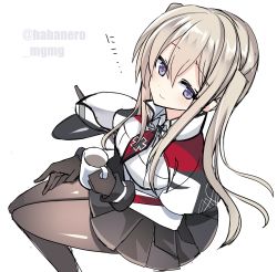 Rule 34 | 1girl, black gloves, black pantyhose, black skirt, blonde hair, breasts, capelet, coffee mug, cross, cup, fathom, gloves, graf zeppelin (kancolle), hair between eyes, hat, unworn headwear, highres, holding, holding cup, jacket, kantai collection, large breasts, looking at viewer, mug, necktie, one-hour drawing challenge, pantyhose, peaked cap, pleated skirt, purple eyes, sidelocks, simple background, skirt, smile, solo, tsurime, twintails, twitter username, white background