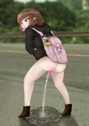 Rule 34 | 1girl, ass, backpack, bag, black hoodie, blush, boots, bottomless, brown eyes, brown footwear, brown hair, censored, earrings, finger to mouth, from behind, heart, heart censor, hood, hoodie, jewelry, charm (object), parted lips, pavement, peeing, puddle, pussy, road, short hair, shushing, standing, teeth, tenran (77608006)