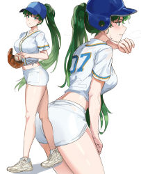 Rule 34 | 1girl, absurdres, alternate costume, ass, baseball, baseball cap, baseball glove, baseball helmet, baseball uniform, blush, breasts, colored eyelashes, fire emblem, green eyes, green hair, hat, helmet, highres, large breasts, legs, long hair, looking at viewer, lyn (fire emblem), midriff, multiple views, navel, nintendo, ormille, ponytail, shirt, shorts, sportswear, sweat, thighs, very long hair, white background, white shirt, white shorts