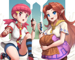 Rule 34 | 1-2-switch, 2girls, :3, ascot, blue eyes, brown eyes, brown hair, company connection, creatures (company), cremia, crossover, dress, english text, game freak, gonzarez, gym leader, highres, joy-con, looking at viewer, milk, multiple girls, nintendo, open mouth, pink hair, pointy ears, pokemon, pokemon gsc, shoes, short shorts, shorts, sneakers, socks, squatting, striped clothes, striped legwear, striped socks, the legend of zelda, the legend of zelda: majora&#039;s mask, twintails, udder, whitney (pokemon)