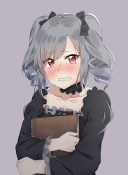 Rule 34 | 10s, 1girl, absurdres, bad id, bad pixiv id, blush, book, bow, choker, clenched teeth, drill hair, gothic lolita, hair bow, highres, idolmaster, idolmaster cinderella girls, kanzaki ranko, lolita fashion, long hair, looking at viewer, red eyes, silver hair, simple background, sketchbook, solo, spicy moo, tears, teeth, twin drills, twintails