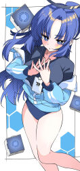 1girl bare_legs black_shirt blue_archive blue_buruma blue_eyes blue_hair blue_jacket blush breasts buruma commentary_request curtained_hair feet_out_of_frame grey_halo halo highres jacket large_breasts long_hair long_sleeves looking_at_viewer off_shoulder ogata_(ogt_illust) parted_bangs parted_lips partial_commentary ponytail robot shirt solo steepled_fingers yuuka_(blue_archive) yuuka_(track)_(blue_archive)