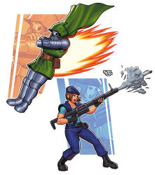 1boy 1girl absurdres armor belt beret black_footwear black_gloves blue_eyes blue_hat blue_pants blue_shirt boots brown_hair capcom cape crossed_arms doctor_doom fantastic_four fingerless_gloves gloves green_cape green_hood grenade_launcher grey_armor hat highres holding holding_weapon hood jill_valentine marvel marvel_vs._capcom marvel_vs._capcom_2 marvel_vs._capcom_3 mask muscular muscular_female open_mouth pants resident_evil shirt short_hair shoulder_pads signature smoke vj99 weapon