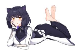 Rule 34 | 1girl, animal ears, barefoot, black hair, blake belladonna, blush, breasts, cat ears, feet, feet up, hand on own face, highres, legs up, licking lips, lying, on stomach, rwby, soles, tagme, the pose, tongue, tongue out, yellow eyes, zipper